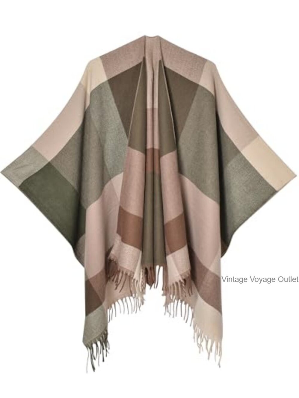 Poncho Sweater Wrap Shawl w/ Tassels Winter Fall Checkered Acrylic Cape